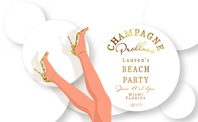 Hen-party invitation, bachelorette party.. Party invitation poster beach party. Womens day party. Ladies night flyer or banner design. Vector illustration in shiny golden tones.