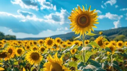 Obraz premium Vibrant sunflower field under a blue sky, France