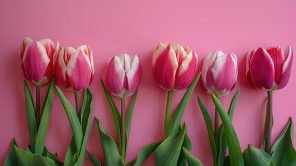 Fototapeta premium Pink background with lovely tulips spring theme
