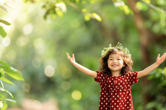 a cute happy little girl raised hands, celebrating success or winning against a green background. Symbolizing victory or happiness for her first.