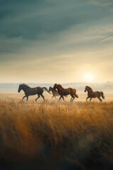 Obraz premium A group of horses gallops across a dry grass field, the sun casting long shadows before them Behind, the sky is dotted with clouds