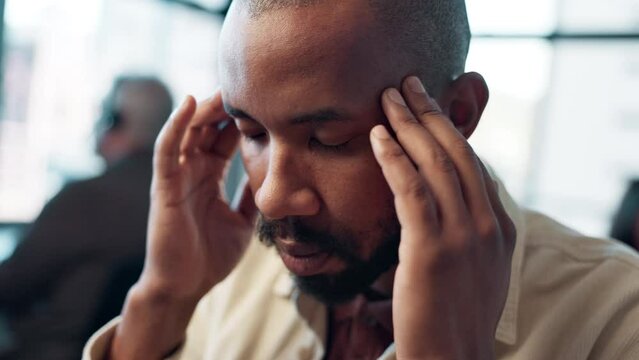 Business man, headache and coworking with stress, anxiety and burnout from project. Tired, fatigue and brain fog in office with fail and mistake at creative job with hurt head and problem in office