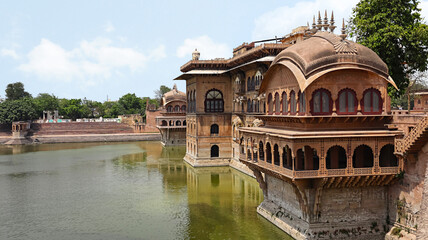 View of Jal Mahal and Bhadon Pavilion on the edge of Gopal Sagar, Deeg Palace, Deeg, Rajasthan, India.
