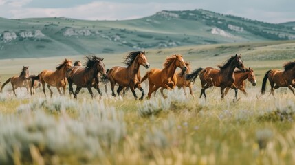  A herd of wild horses gallops through a grassy field, mountains with rolling hills as their backdrop