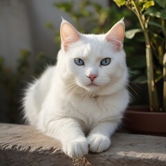 Beautiful white cat sitting in the garden