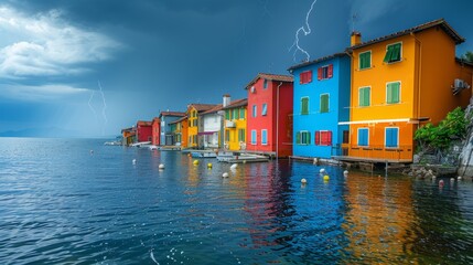 Obraz premium A row of vibrant, colorful houses sit along a tranquil shore under a dramatic thunderstorm, with lightning striking the sky and clouds gathering.