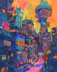 Fototapeta premium Colorful Futuristic Cityscape with Elevated Structures and Walkways