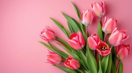 Obraz premium Fresh tulip bouquet on pink background with space for text