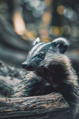 Obraz premium A tight shot of a raccoon perched on a log, surrounded by slightly out-of-focus tree silhouettes behind