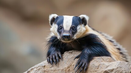 Obraz premium A tight shot of a tiny animal perched atop a rock, paws planted for balance
