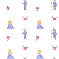Childrens fairy pattern with princess and castle. Cute fantasy world clipart background. Childish magic pattern with cartoon characters.