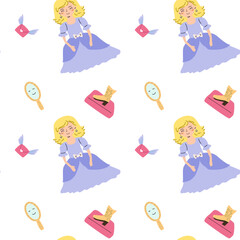 Childrens fairy pattern with princess and castle. Cute fantasy world clipart background. Childish magic pattern with cartoon characters.