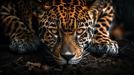 Obraz premium A tight shot of a leopard's face hovering over leaf-strewn ground