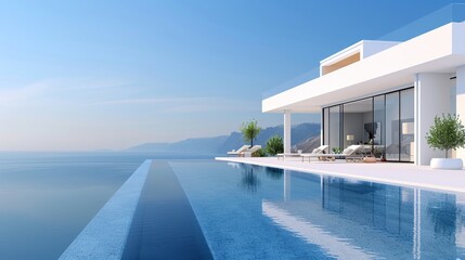 Fototapeta premium A large white house with a pool and a balcony overlooking the ocean