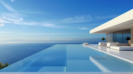 A large white house with a pool and a balcony overlooking the ocean
