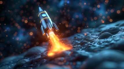Naklejka premium a small rocket blasting off with fiery engines over an extraterrestrial surface under a glittering star-filled sky.