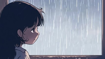 A young anime girl with black hair looks out of a window at heavy rain falling.