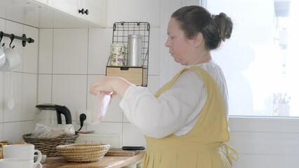mature full-figured woman, corpulent housekeeper wiping down kitchen counter, highlighting satisfaction takes in work and importance of cleanliness, division of household labor
