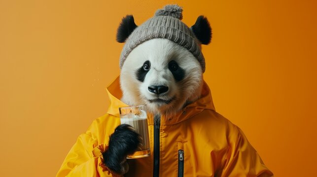 A trendy panda in a tracksuit and beanie, holding a glass of Bailey on the rocks, against an orange studio backdrop 6a