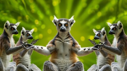  A group of ring-tailed lemurs poses before a verdant backdrop, arms elevated