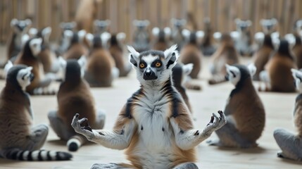  A group of ring-tailed lemurs sits on the ground before another group