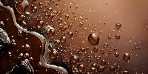 Realistic cola and coffee puddles isolated on brown background with bubbles. Concept Product Photography, Liquid Effects, Brown Background, Realistic Puddles, Bubbles