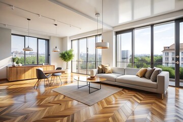 Modern living room with city view.