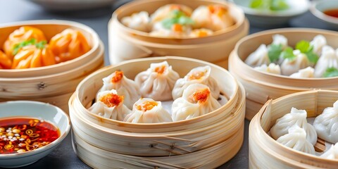 Array of delicious dim sum dumplings in bamboo steamer with spicy sauce. Concept Dim Sum Delights, Bamboo Steamer, Spicy Sauce, Delicious Dumplings, Asian Cuisine