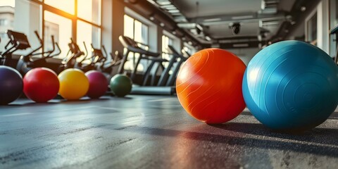 Gym with various sports equipment including fitness balls. Concept Fitness, Gym Equipment, Workout, Exercise, Sports