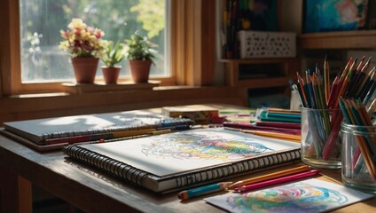 artists workspace with an array of colored pencils