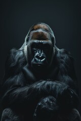 Obraz premium A gorilla in the dark, head turned sideways, hands on chest against black backdrop