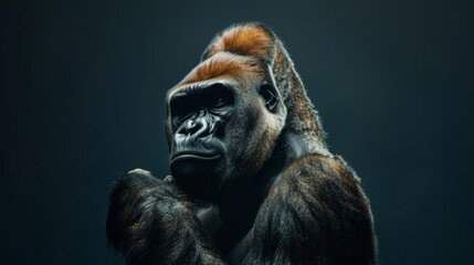 Obraz premium A gorilla in close-up, hands on head and chin