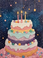 Whimsical Hand-Drawn Birthday Cake with Starry Night Sky Backdrop