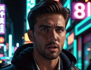 A young man walks through a busy city street at night, his face illuminated by the bright neon lights. He looks determined and alert, perhaps on a mission or in search of something. Generated AI