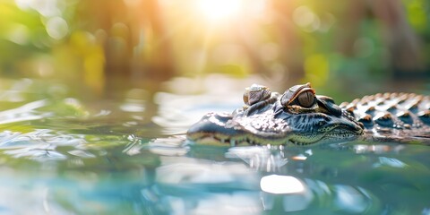 Fototapeta premium Closeup of large alligator in water with trees sunlight and reflections. Concept Nature Photography, Wildlife capture, Animal Portraits, Swamp Scenes, Sunlit Reflections
