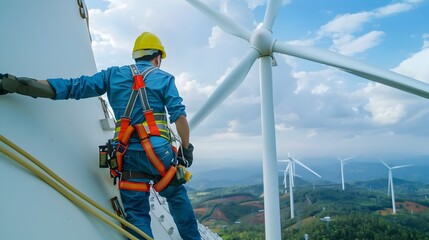 Wind Turbine Engineer Inspecting Tower with Safety Harness