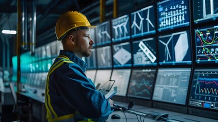 Wind Turbine Engineer Monitoring Control Room with Advanced Dashboard