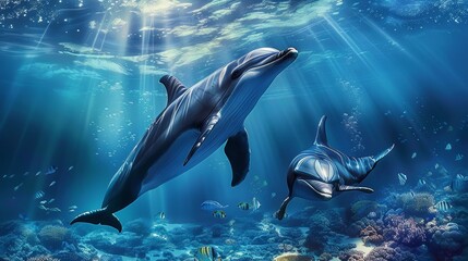 Fototapeta premium Dolphins Swimming in a Sunlit Ocean, Digital Painting, Two dolphins, coral reef, underwater, fish, dolphins, ocean, underwater, marine life