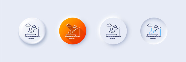 Boat fishing line icon. Neumorphic, Orange gradient, 3d pin buttons. Fisherman with rod sign. Catching fish symbol. Line icons. Neumorphic buttons with outline signs. Vector