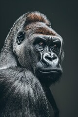 Fototapeta premium A gorilla's intense face up close against a black backdrop