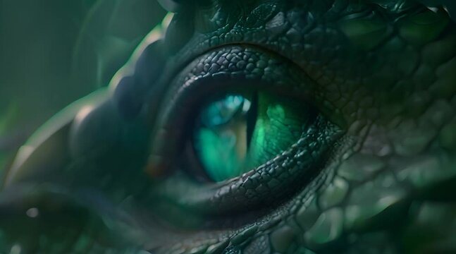 Dragon eye. Eye of Evil Fantasy green blue Dragon. Mythological creatures. Animal eye. Fantastic monster. Ancient reptile. Dark tones. Closeup