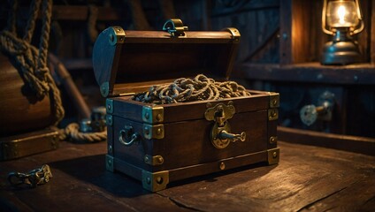 An intricately designed wooden treasure box with brass