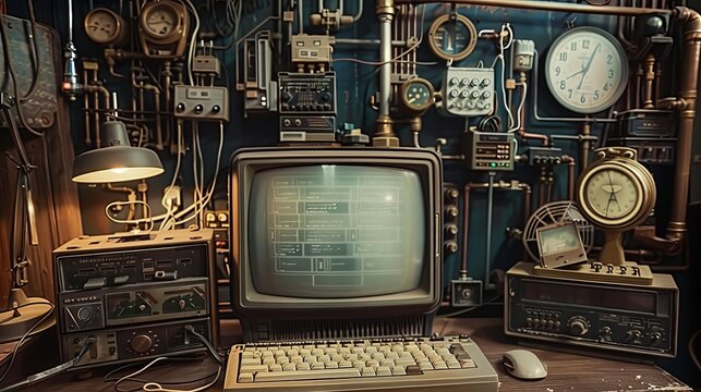 Steampunk Computer Workstation with Vintage Clocks and Gadgets, steampunk , retro , vintage , computer