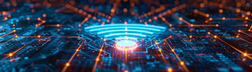 Abstract digital art with glowing lines and a blue center.