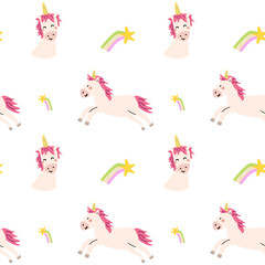 Cute unicorn seamless pattern for textile. Childish magic characters background. Childrens fairy and magic pattern.