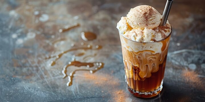 Retro photo of root beer float with vanilla ice cream and straw. Concept Retro, Root Beer Float, Vanilla Ice Cream, Straw, Classic Flavor