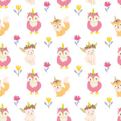 Cute unicorn seamless pattern for textile. Childish magic characters background. Childrens fairy and magic pattern.