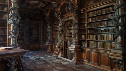 Ornate Library Interior with Ornate Bookcases and  Columns