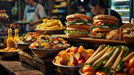 Fototapeta premium A Street Food Feast Close-up of Colorful Fruits and Vegetables with Two Stacked Burgers, street food, asian food, food stall, night market