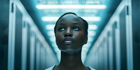 A black woman monitoring cybersecurity in a data center server room. Concept Cybersecurity, Data Center, Black Woman, Monitoring, Server Room
